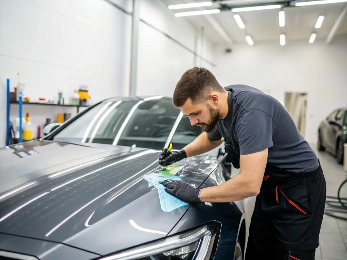 A professional auto detailer carefully applying paint protection film to a car's hood, ensuring a seamless and protective finish, representing the Paint Protection service offered by Hand Touch Quality Detailing.