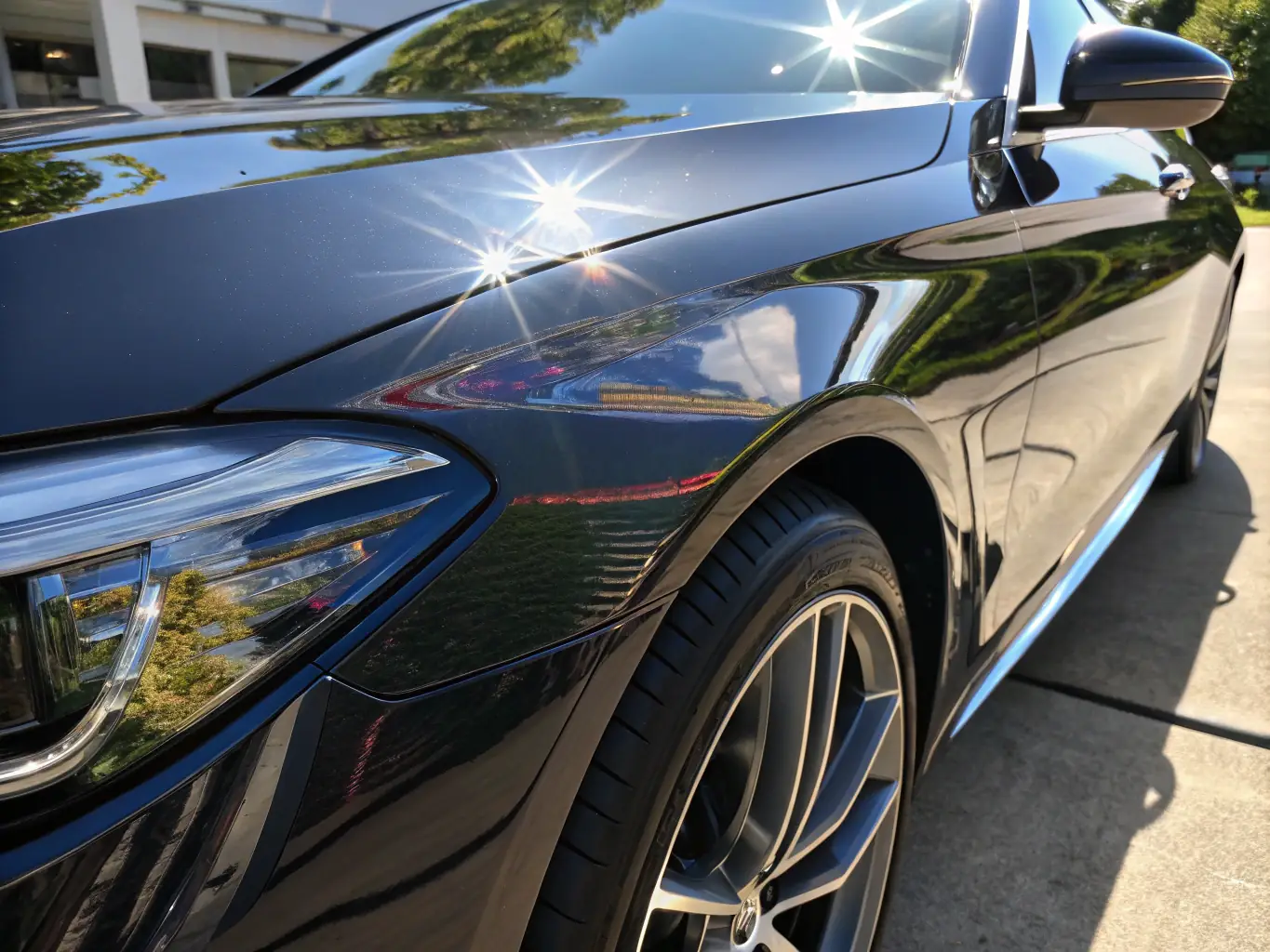 A close-up of a car's surface after ceramic coating application, highlighting its shine and protective qualities, representing the Ceramic Coating service offered by Hand Touch Quality Detailing.
